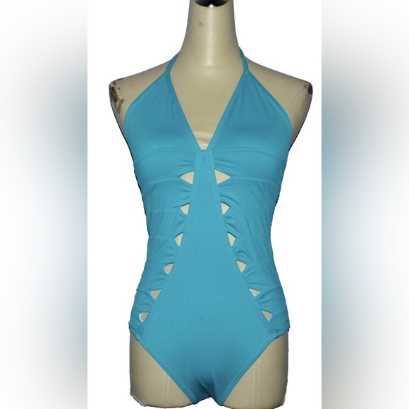 SEVENTH WONDERLAND SIZE 6 S SMALL BLUE TURQUOISE CUT OUTS 1 PC HALTER SWIMSUIT - Picture 1 of 6
